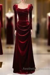 Wine Red Long Sleeves Velvet Long Party Dresses, Wine Red A-Line Evening Prom Dresses Wedding Party Dresses